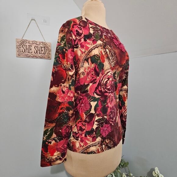 Coldwater Creek Womens Beaded Embellished Rosette Floral Top Red Pink Medium - Picture 2 of 12
